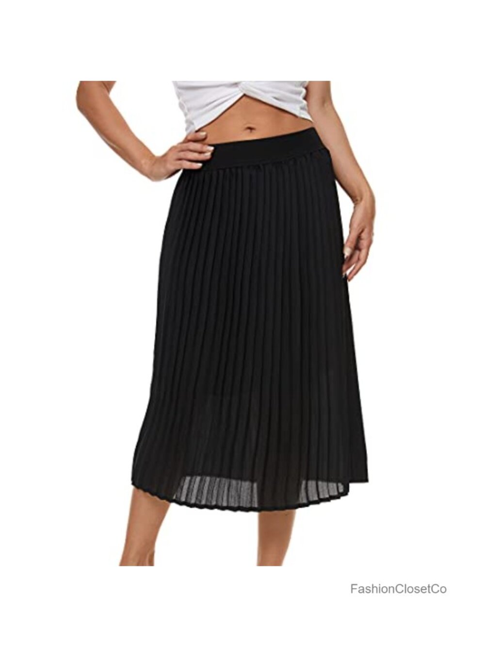 Pleated Midi Skirt High Waist Chiffon A-Line Flowy Summer Boho Casual - Picture 4 of 6